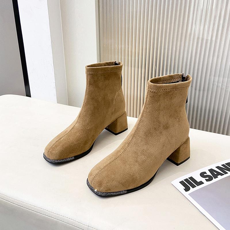 Autumn Winter Rhinestone Square Toe Stretch Slim Women Ankle Boots Street Style Banquet Party High Heel Short Botas Mujer