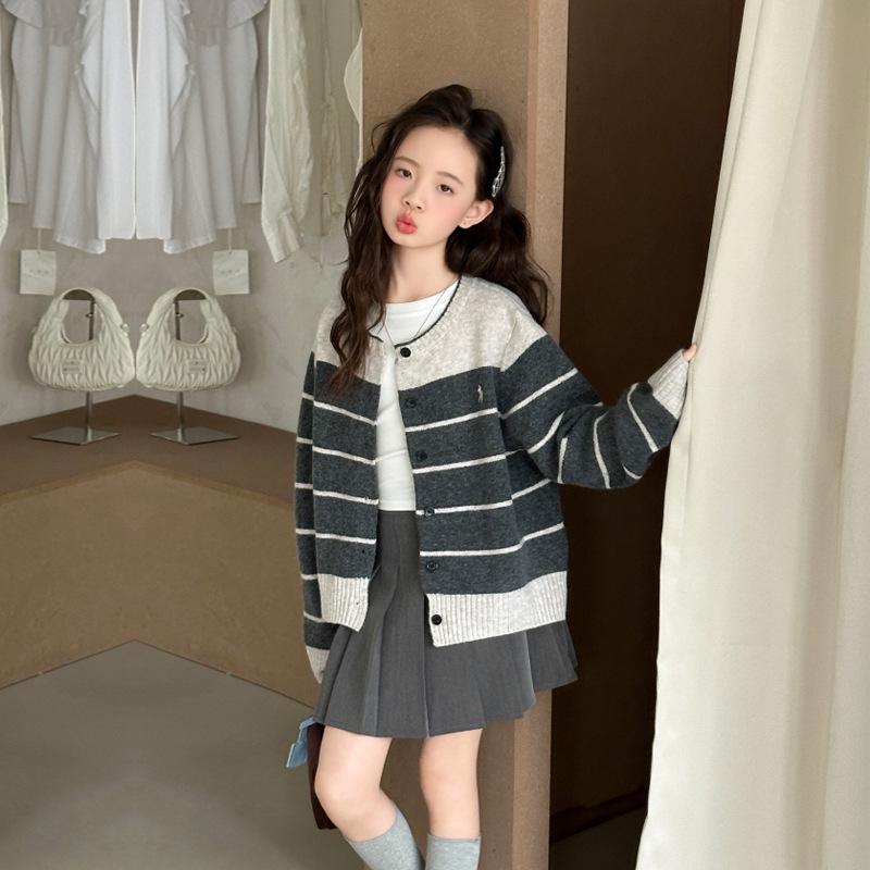 2025 Girls' Striped Knit Cardigan Sweater - Trendy Spring & Autumn Fashion for Big Children