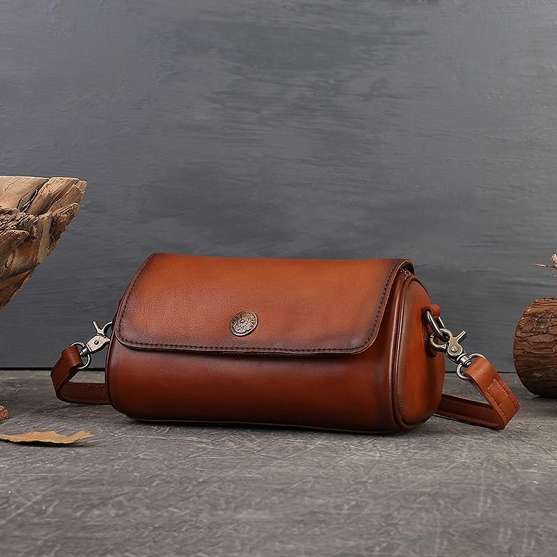 Johnature Vintage Hakiki Deri Yaz Yastık Çanta El Yapımı Çok Yönlü Düz Renk Kadın Omuz ve Crossbody Çanta
