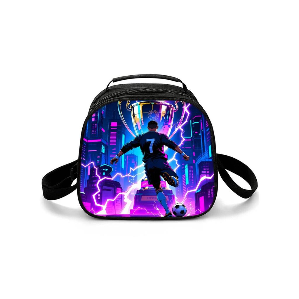 Football Shoulder Strap Circular Lunch Bag for Boy and Girls Best Gifts 2D Flat Cartoon School Bento Lunch Box Bag for Children