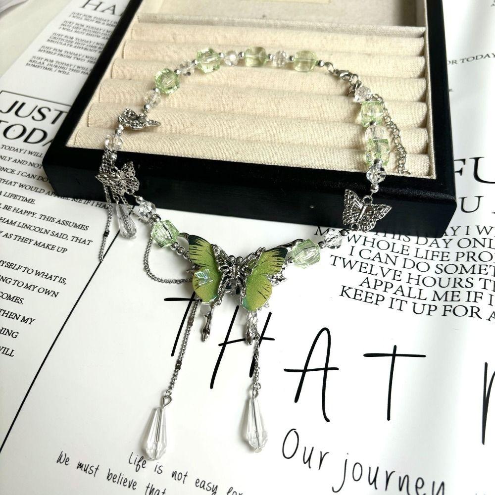 Adjustable Tassel Crystal Necklace Exaggerated Women's Choker Rhinestone Butterfly Necklace Ladies