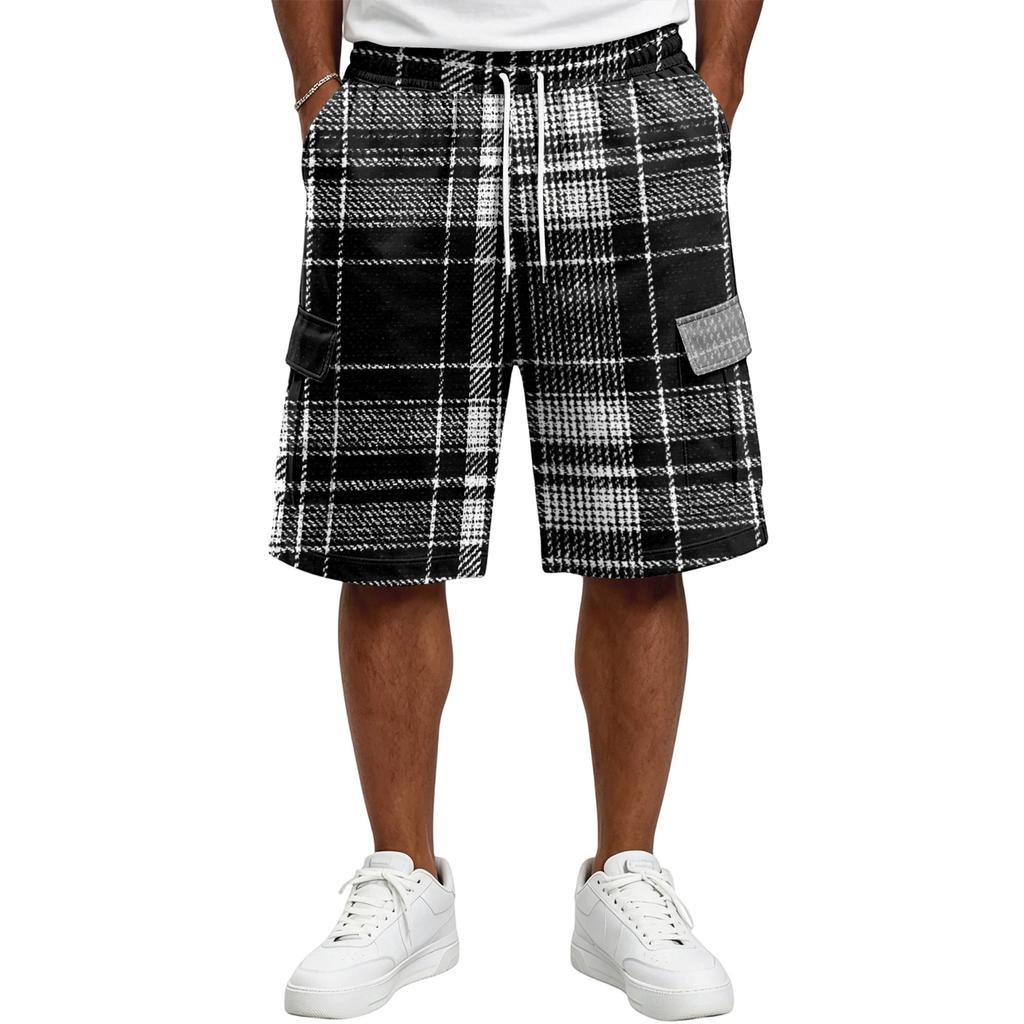 Herren Freizeit karierte Cargoshorts mit Kordelzug Lockerer Schnitt Leicht Atmungsaktiv Sommer Strandshorts mit mehreren Taschen für den Alltag