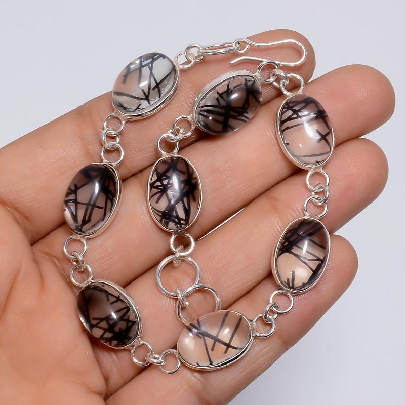 Beautiful Top Grade Qualite 100% Natural Black Rutile Quartz Oval Shape Ethnic Handmade Jewelry 925 Steling Silver Bracelet 8-9" WSJ-5214