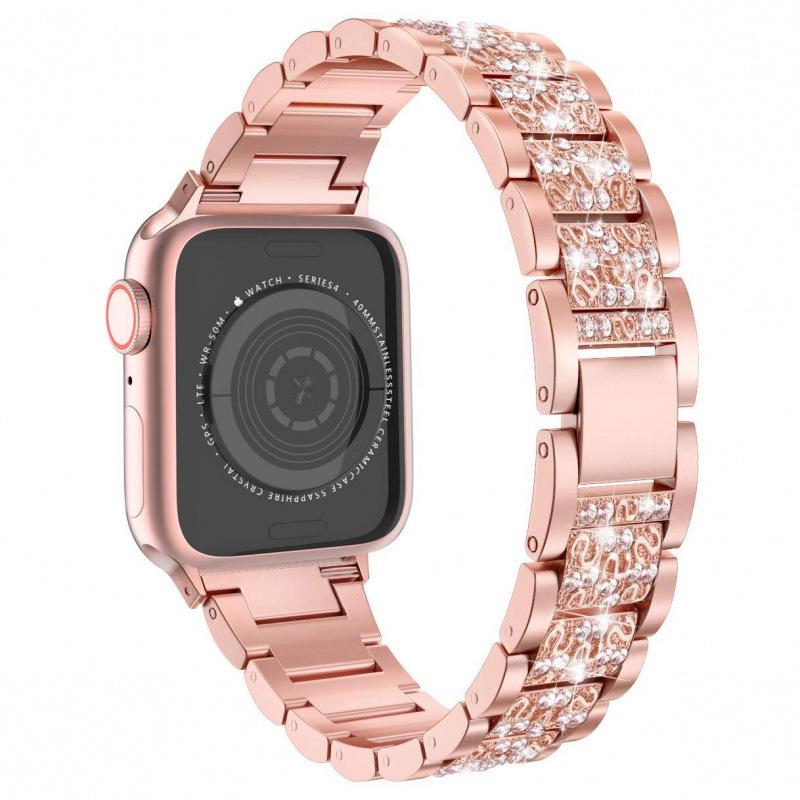 Compatible with Apple Watch 7/8/9: Luxury Full Diamond Metal Band with Three-Bead Design.