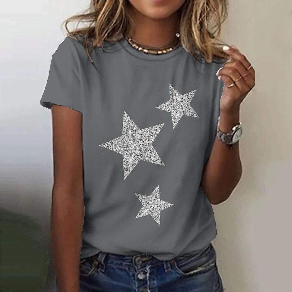 Summer Women Star 3D Print T-shirt  O-Neck Casual T Shirts Harajuku Streetwear Short Sleeve Tee Oversized Y2k Top Female Clothing