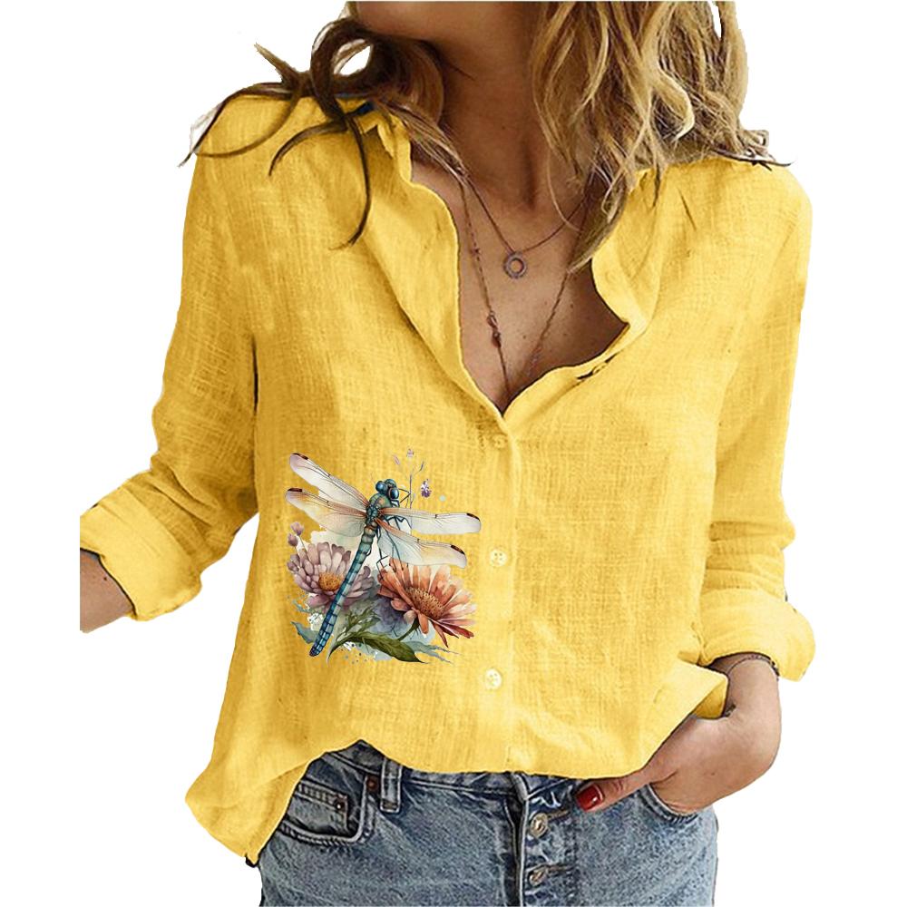 Women Fashion Cotton Linen Shirt Summer&fall Long Sleeve Top Ladies Printed Blouses