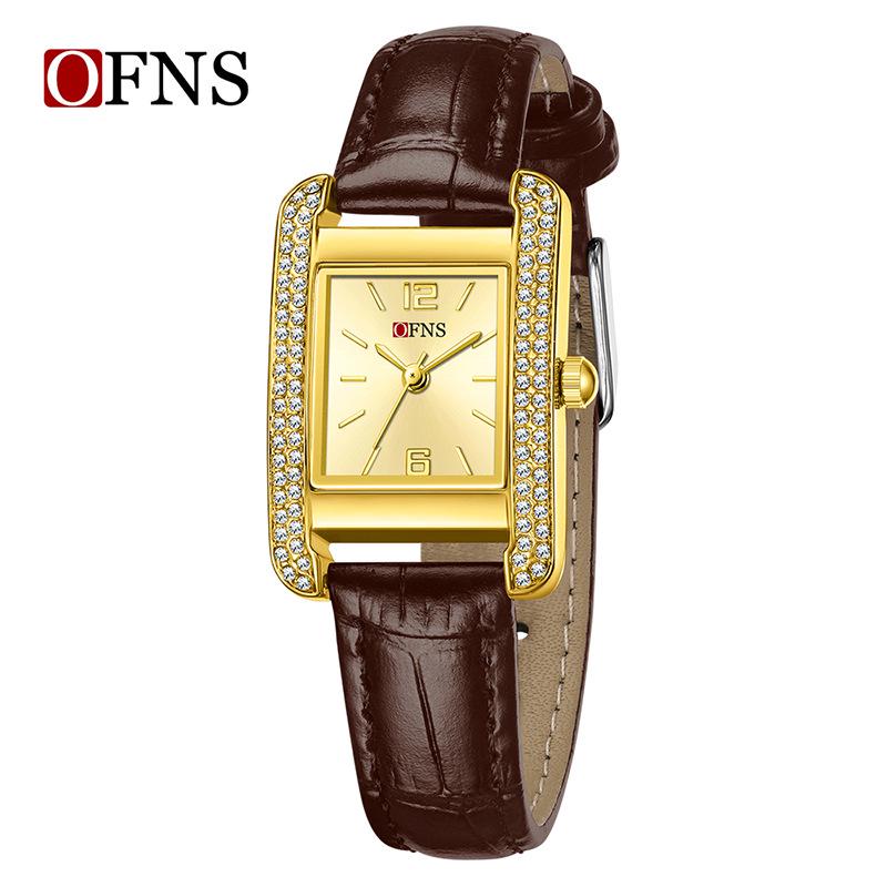 OFNS Elegant Women's Square Dial Watch: Simple Niche Bar Markers, Waterproof, Luxury Diamond Inlaid Quartz.