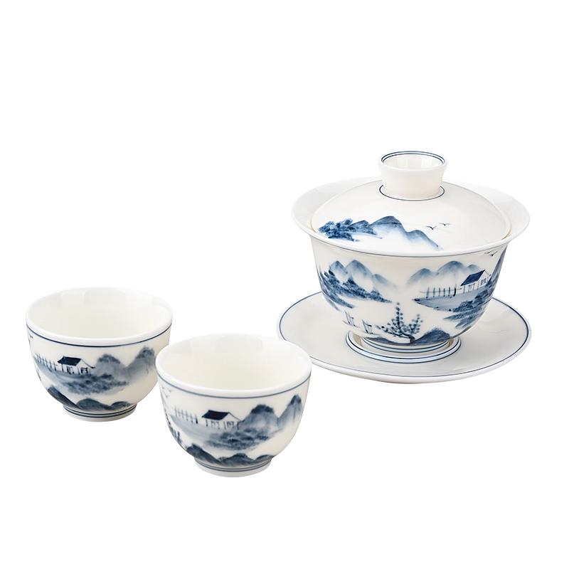 Нефритовый керамический чайный набор гайвань с золотой инкрустацией