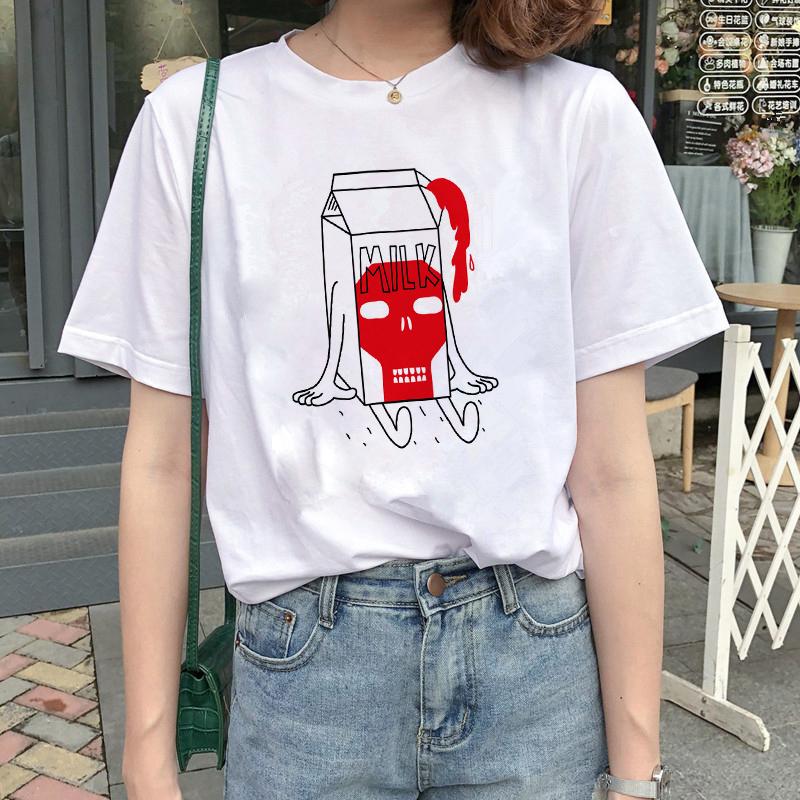 Kawaii Women T-Shirt Cartoon Milk Print Funny Top Female T Shirt Ulzzang Harajuku Aesthetic Casual O-Neck Ladies Tee Clothing