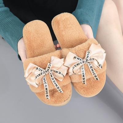 Bow Lined Hairy Slippers for Autumn and Winter, Women's Korean Version, Home Wooden Floor Flat Bottom