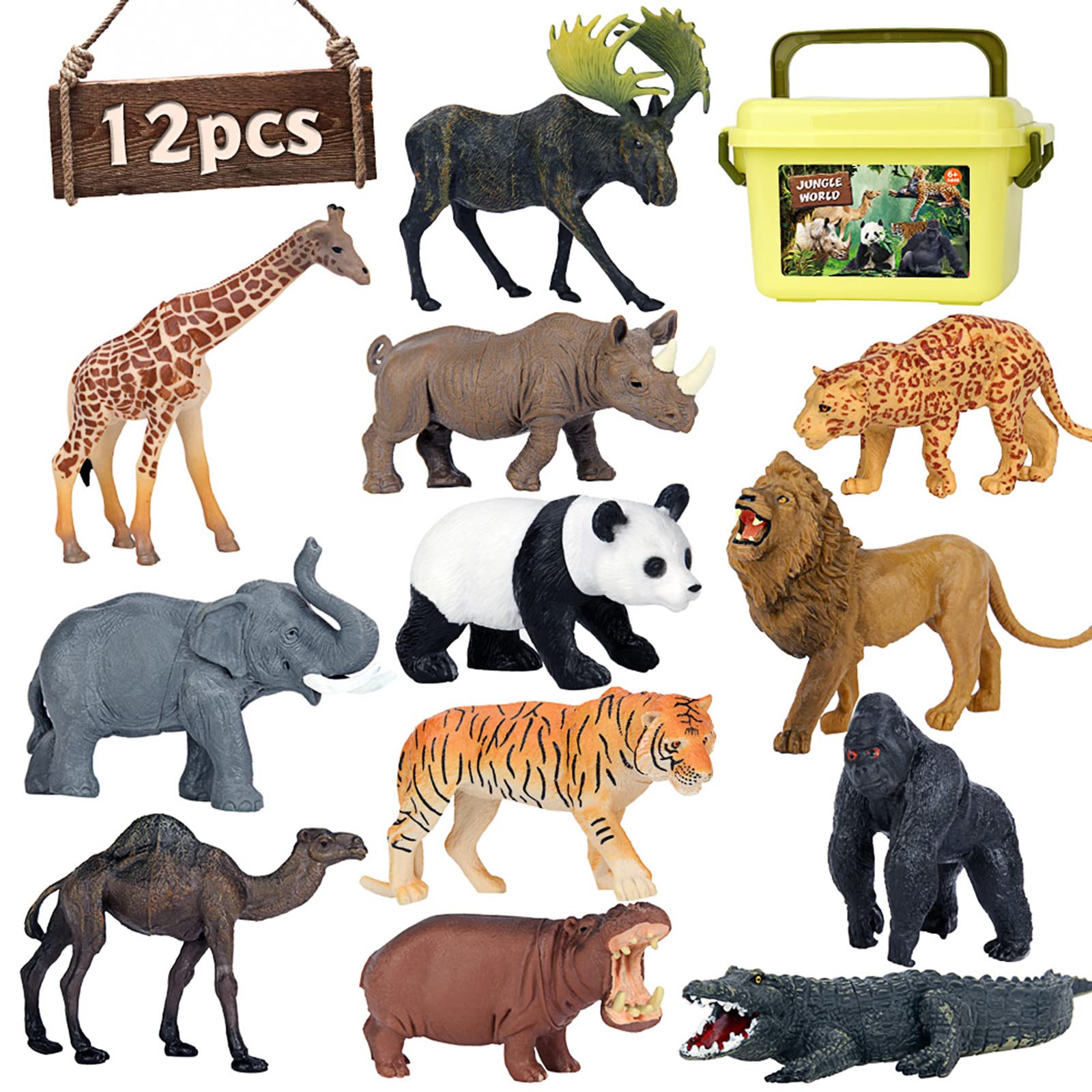 Safari Animal Toy Figures, 12 Realistic Jumbo Wild Jungle Animal Figurines, Large African Zoo Animal Figure Set with Lion, Elephant, and Giraffe,