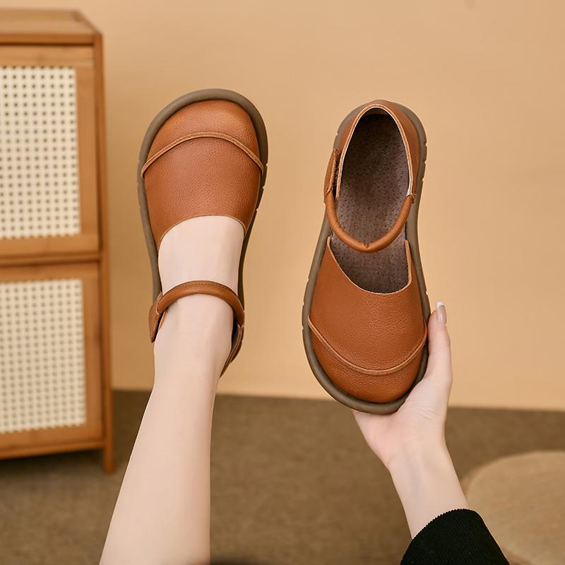 Retro Classic Round Head Brown Leather Flat Comfortable Sandals 2025 Summer Trend New Ladies Casual Outdoor Daily Women's Shoes