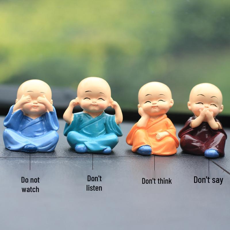 Straw Hat Monk Swinging Desk & Car Ornament - Set of 4 Bald Novice Figurines