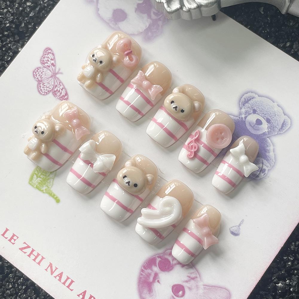 Kawaii Short Square Shape 3D Doll Bear Press On Nails Art White Pink Stripes Bowknot Sweet Cute Bear Fake Nails Sticker Gift