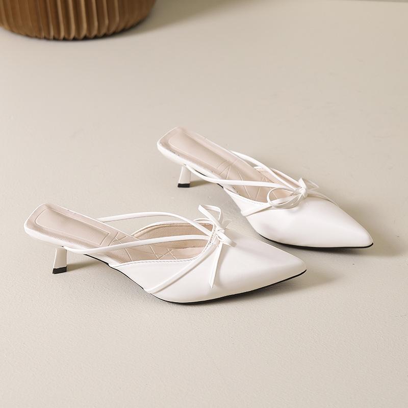 stiff heel bow bag head half slippers fairy shoes 2025 summer new French temperament large size half slippers woman