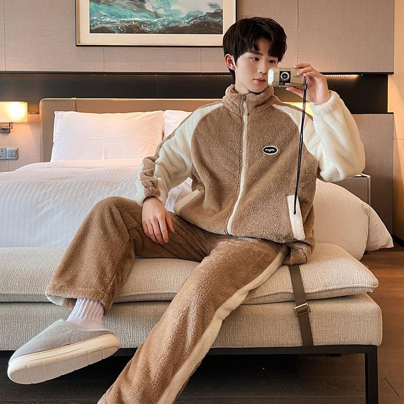 

Зимний коралловый бархатный кардиган с толстой молнией, пижама большого размера, фланель, теплый комплект домашней одежды большого размера M кофейный