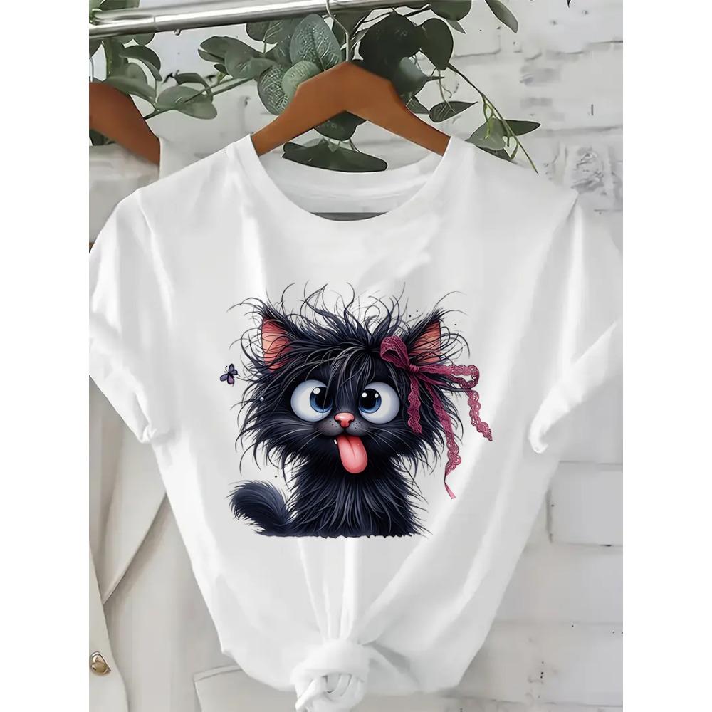 

Women s Funny Fried Cat Cartoon T-Shirt with Playful Bow Butterfly Print Women s Casual Short Sleeve T Shirt Clothing Top Tee XS