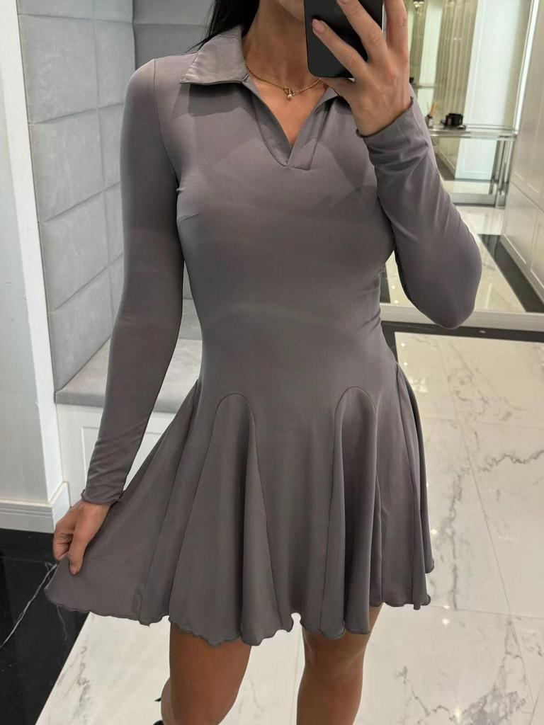 Autumn Women's Solid Color Waist-Slimming Long-Sleeve Lapel Dress