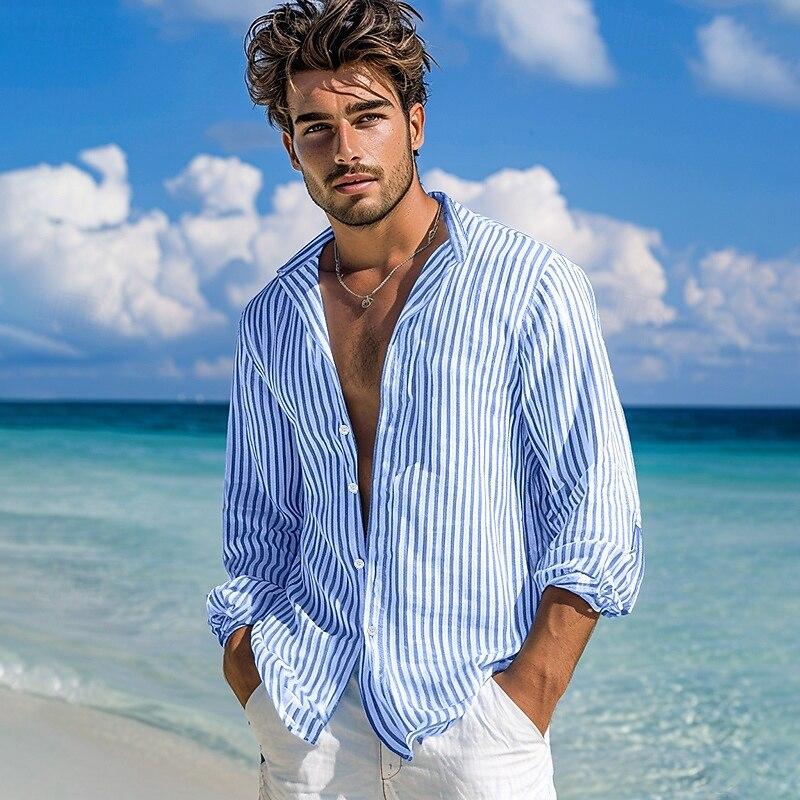 Mens Loose Fit Striped Long Sleeve Casual Shirt S