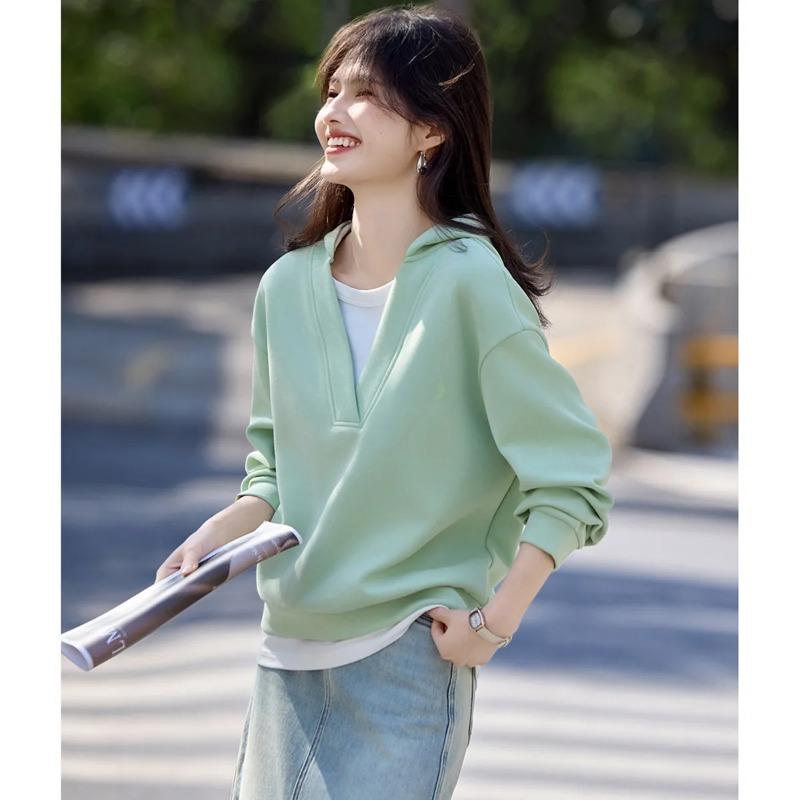 

Women Mint Green Deep V Neck Fake Two Piece Hooded Sweatshirt L зелёный