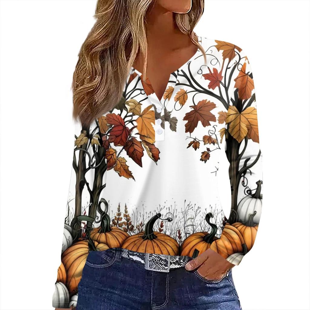 Women's T Shirt Tee HAlloween Print Button Long Sleeve Daily Weekend Fashion Basic V- Neck Regular Top