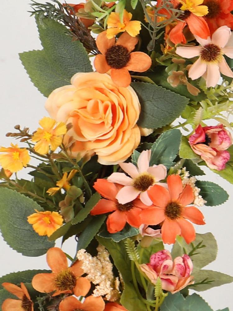 Oranje Pioen Krans 40cm Herfst Lente Bloemen Groene Bladeren Krans Gele Madelief Voordeur Bloem Krans voor Huis Boerderij Patio Veranda Muur Decor