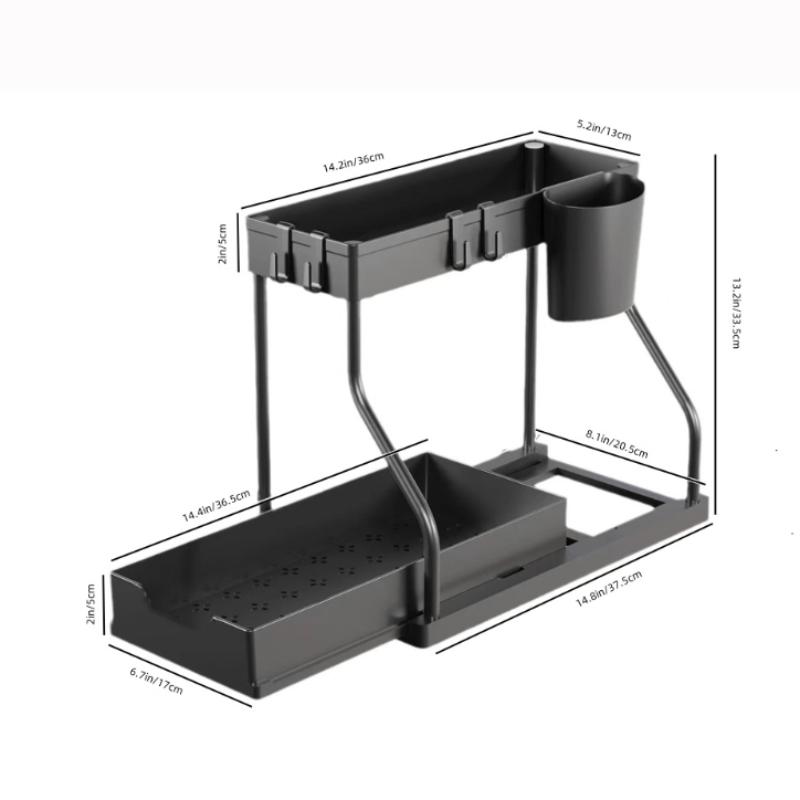 1PC Space-Saving 2-Tier Pull-Out Organizer - Durable Large Capacity Drawer for Kitchen and Bathroom Essentials