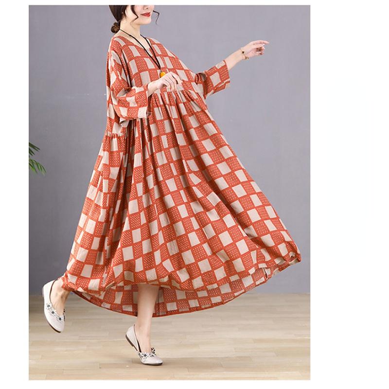 Dimanaf Plus Größe Frauen 2023 Neue Sommer Stil Kleid Lange Hülse O-ansatz Floral Lose Kleid Grün Leinen Grund Kleider