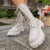 Fashion Fashion Black PU Leather Mid Calf Boots Women Thick Sole Non Slip Combat Boots Woman Autumn Winter Lace Up Platform Botas Mujer