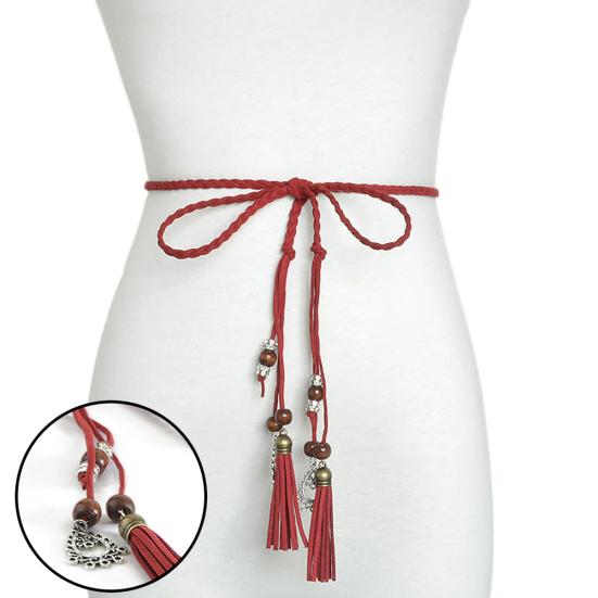Women Braided Beads Tassels Thin Skinny Waist Rope Belt Self-Tie Dress Waistband