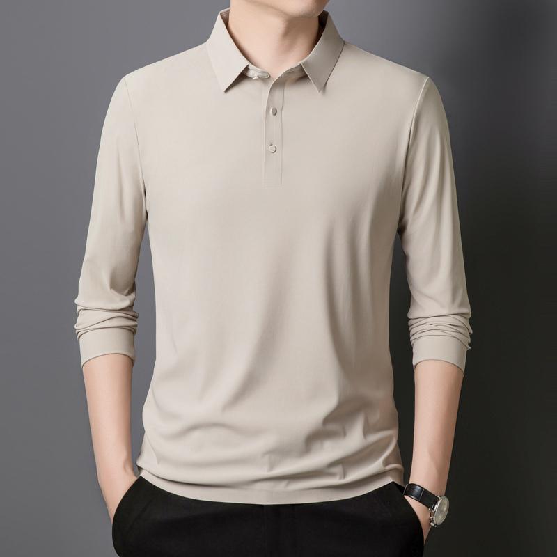 Autumn Ice Silk Markless Long-sleeved T-shirt Men's POLO Shirt New Solid Color Lapel Top