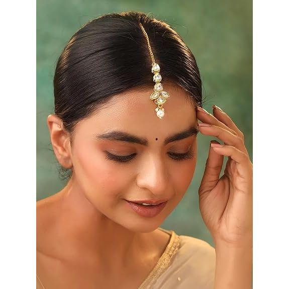 Maangtikka for Women Gold Toned Kundan Studded Floral Designed White Beads Drop Maangtikka for Women and Girls