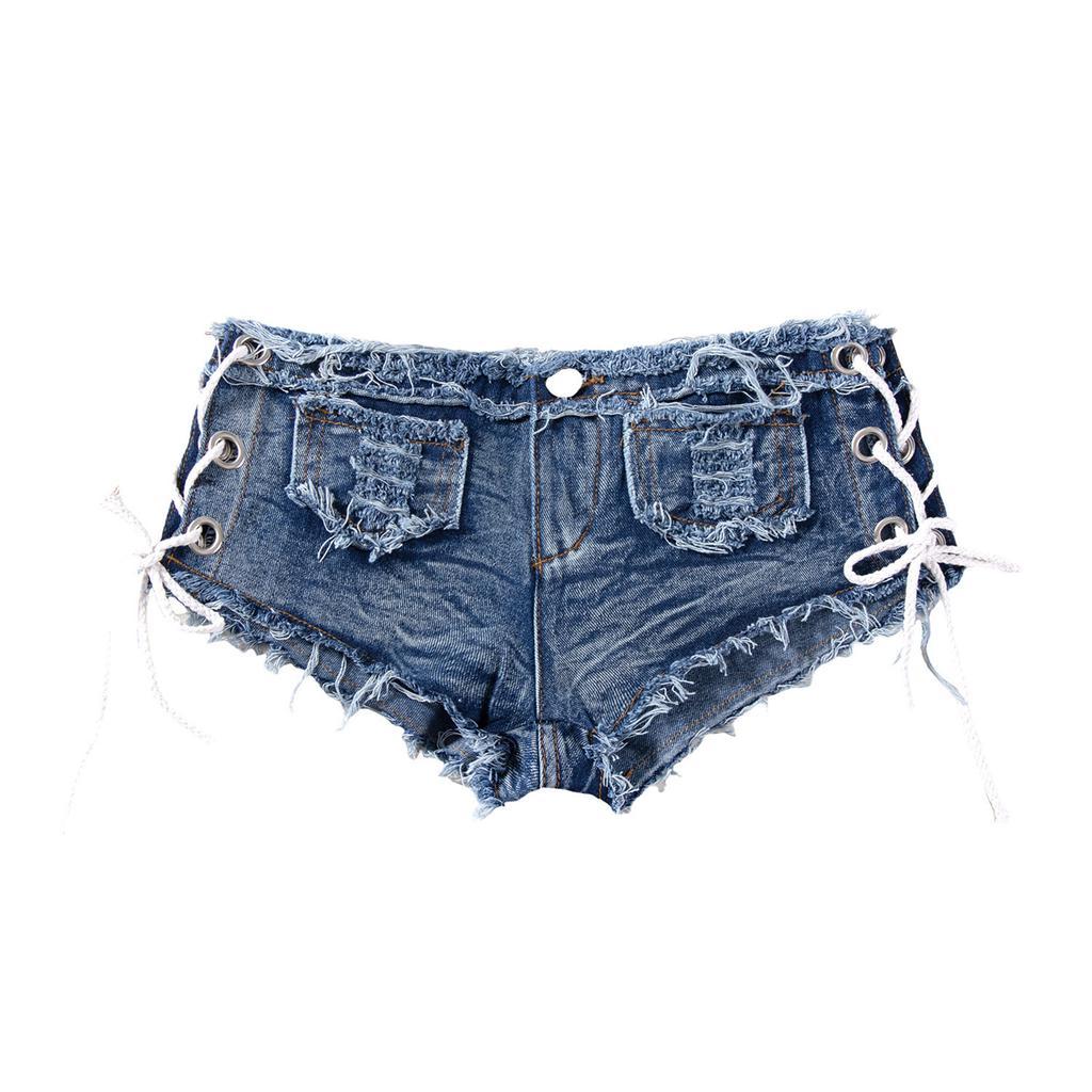 Men’s Low Rise Extra Short Denim Shorts Raw Edge Ripped Side Lace Up Hot Pants for Rave Clubbing