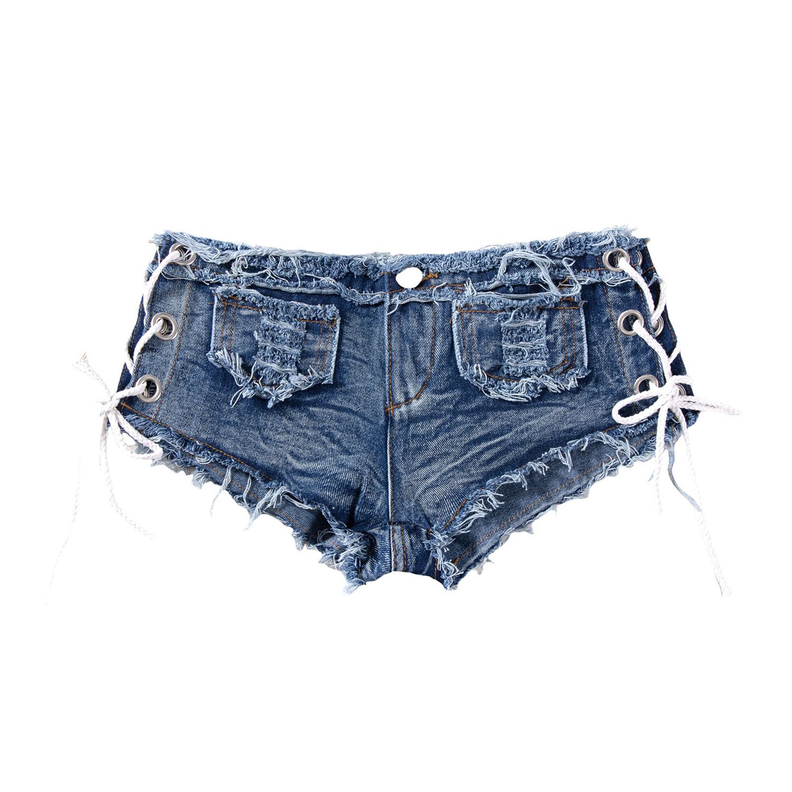 IEFiEL S-XL Heren Lage Taille Extra Kort Ruwe Rand Gescheurde Denim Shorts Zijdelings Vetersluiting Billen Jeans voor Rave Feest Clubkleding M donkerblauwe kleur