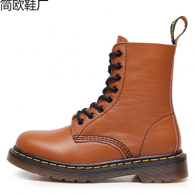 Lychee Pattern Tooling Boots Women's Head Layer Soft Cowhide Pure Black Short Boots British Leather Locomotive Boots