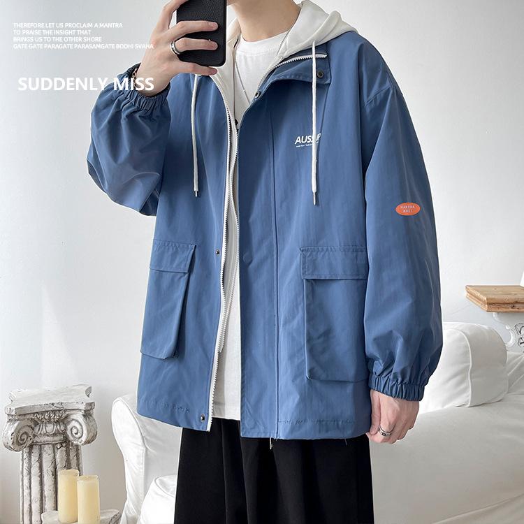 Men's Plus Size Hooded Windbreaker: Trendy Two-Piece American Style Jacket, Loose Waterproof Workwear for Spring/Autumn.