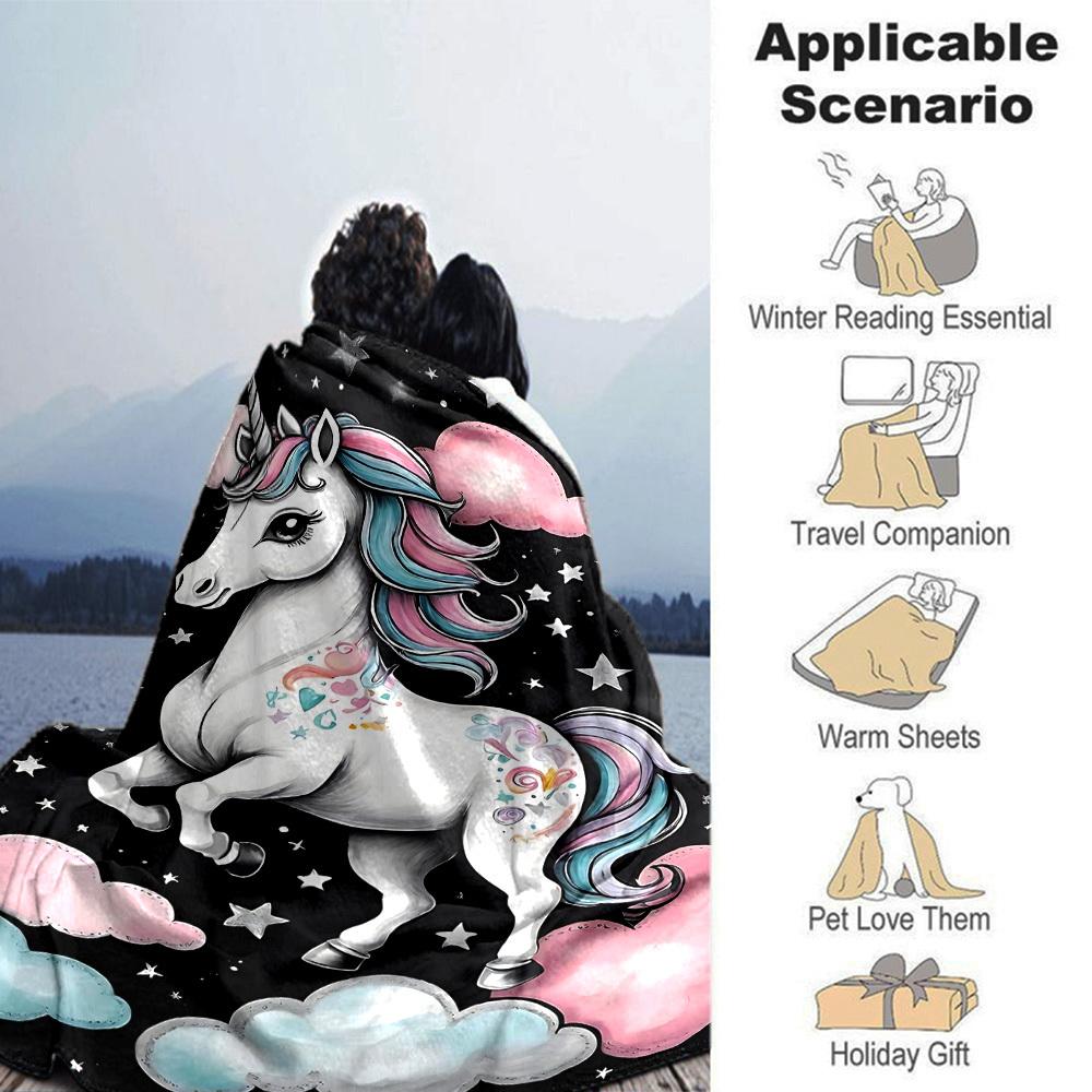 1pc Unicorn Clouds Blanket Lightweight Flannel Throw for Sofa Bed Travel Camping Livingroom Office Couch Chair