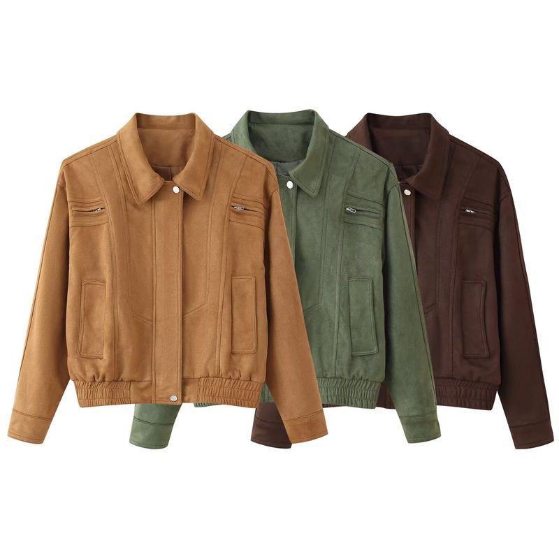 Kaslead New Women Clothes Western Style Versitile Fashion Three-Color Suede Short Cargo Outerwear