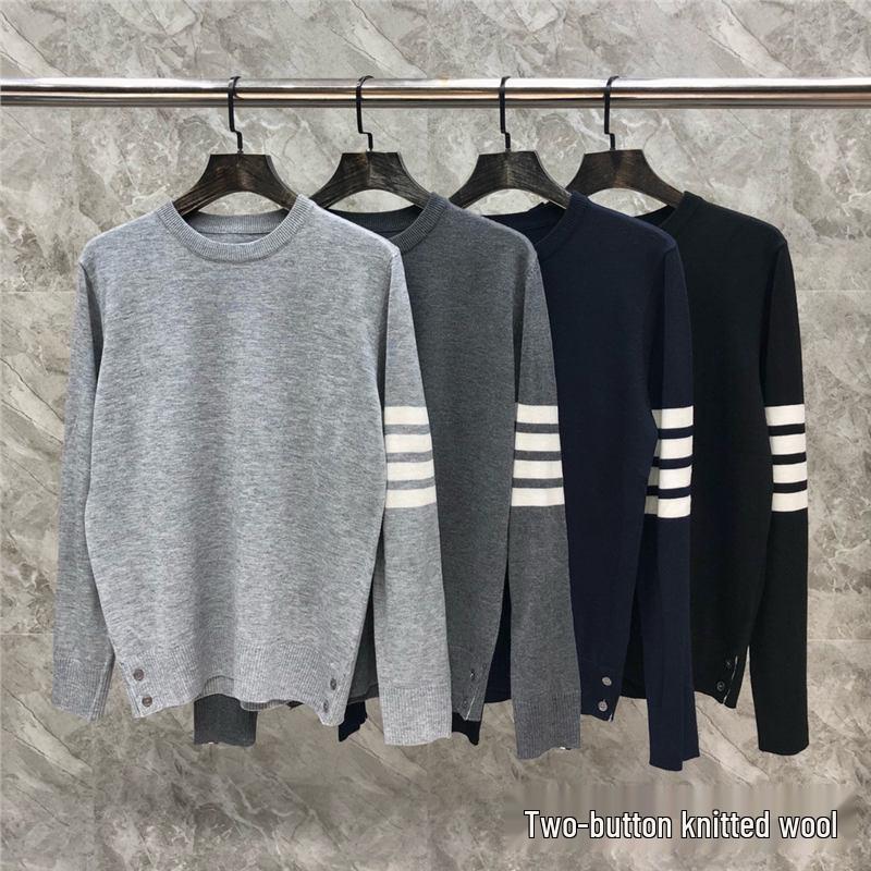 Round Neck Unisex Wool Sweater - Trendy Two-Button Four-Bar Design for Autumn/Winter