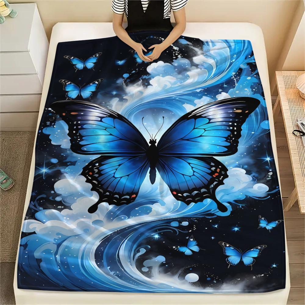 1Pc Blue Butterflies Print Flannel Blanket, High Quality Comfortable for All Seasons, Home Decor, Warmth and Comfort, Perfect for Christmas Gifts