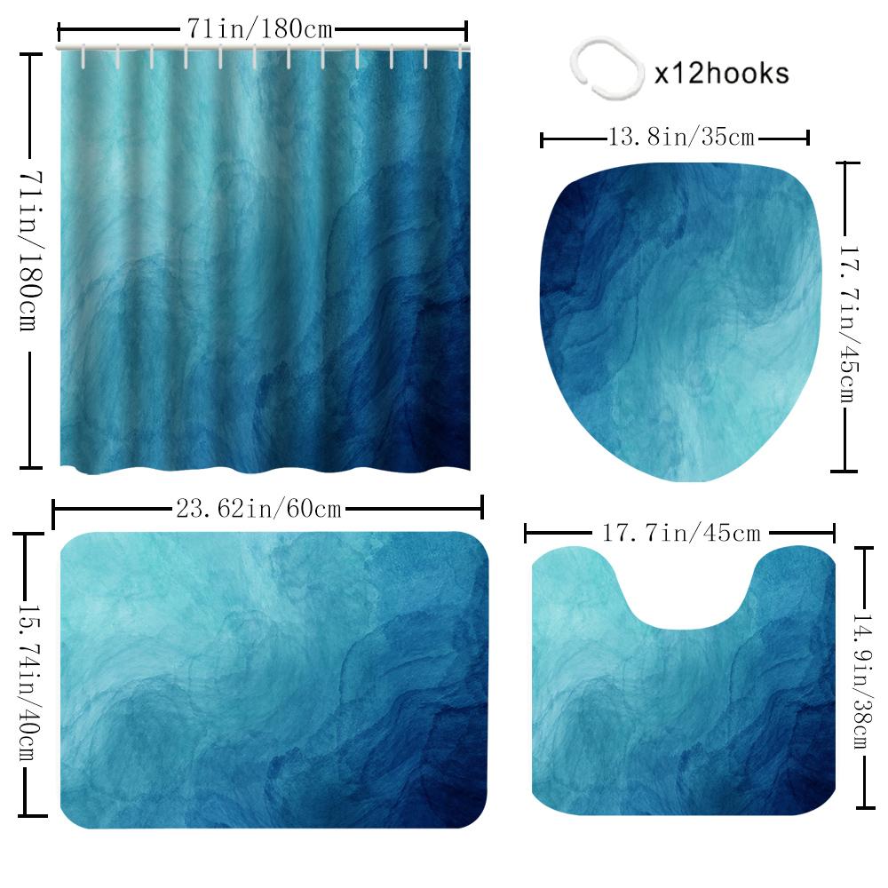 1/4 set seawater Bathroom Curtains, Toilet Seat Decoration, Shower Curtain with Carpet and Toilet Lid, 12 70.8x70.8 inch Hooks