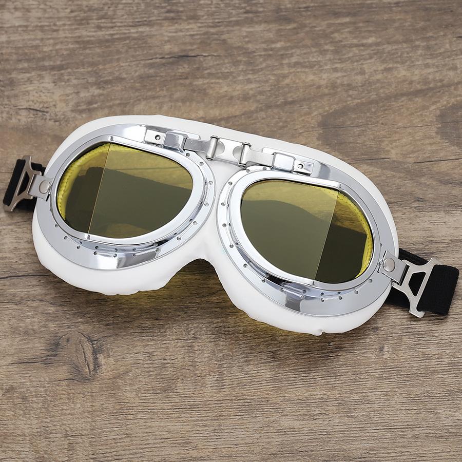 

Retro Harley-style helmet goggles for motorcycles and off-road vehicles, windproof and dustproof with folding angles White Leather- Yellow Tab