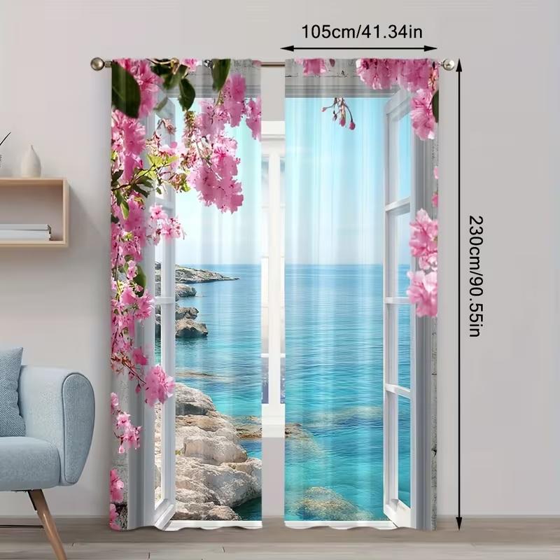2 Pcs Seaside flower scenery print curtains,suitable for bedroom,living room kitchen decoration,home decoration,window decor