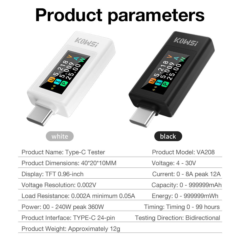 KWS Type-C Tester Digital Voltmeter Ammeter Power Meter Voltage Current Meter Phone Charging Tester DC 4-30V 8/12A PD2.0 3.0