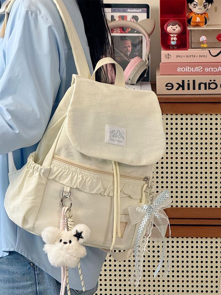 Schoolbag Korean ins milk mist blue yarn with lace bow drawstring backpack sweet little fairy traveling shopping small backpack