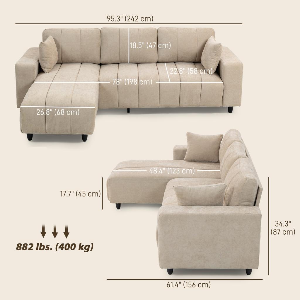 Corner Sofa, Reversible Chaise Longue, Cushions, 242 x 156 x 87 cm, Beige