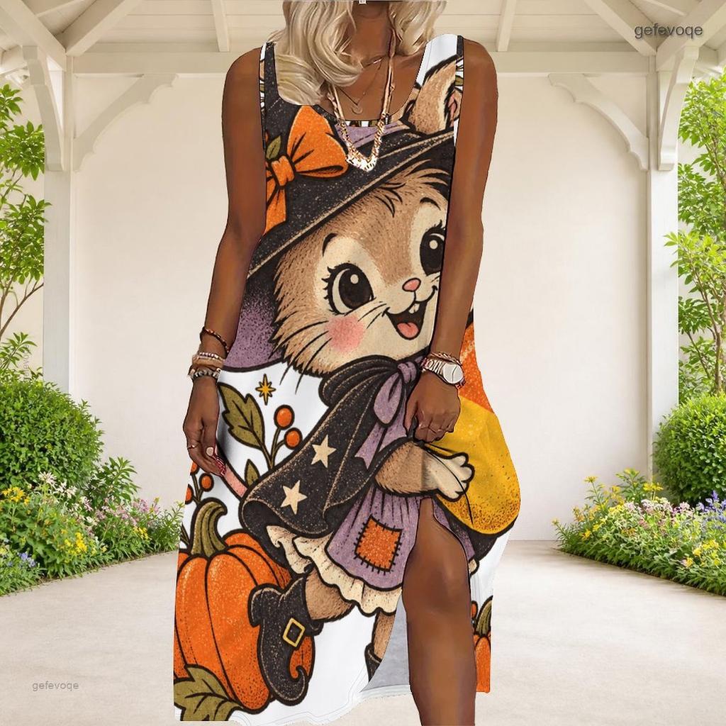 Women Plus Size Scoop Neck Sleeveless A Line Long Dress Halloween Bear Pumpkin Printed
