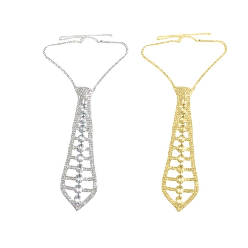 Elegant Tie Necklace with Sparkling Rhinestones for Formal Occasion Uniform Tie Punk Jeweled Chain Tie