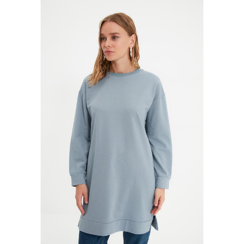 Orangefarbenes Basic-Strick-Sweatshirt mit Schlitz und Rundhalsausschnitt, Tctaw22tw0138