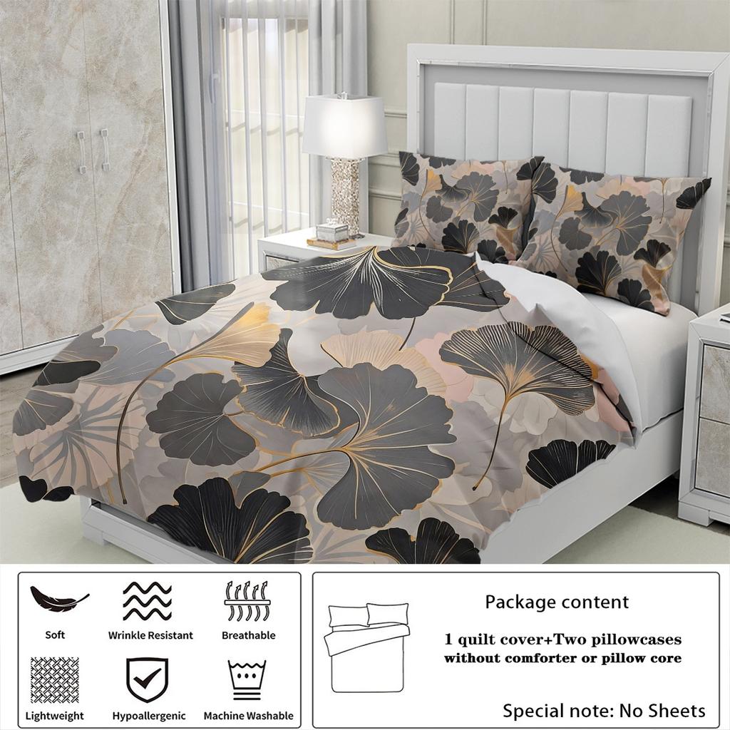 3pcs Duvet Cover Set King Size, Ginkgo Leaf Pattern Print, Soft, Comfortable and Breathable, Bedding Set for Bedroom,Hotel